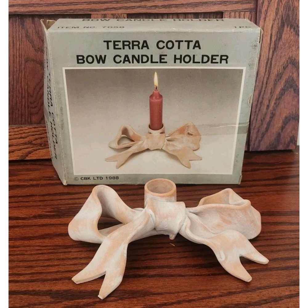 NOS Vintage CBK Ltd 1988 Terra Cotta Bow Candle Holder Made In Taiwan ROC Kitchy